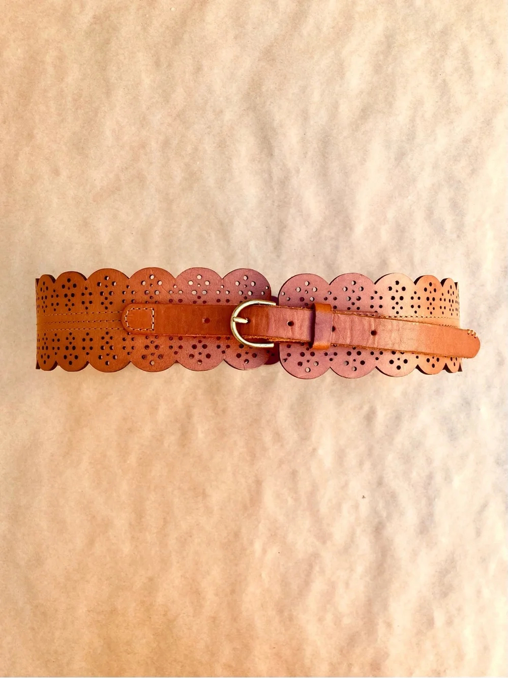 Anthro ❉ Scalloped Faux Leather Wide Brown Belt Size S/M